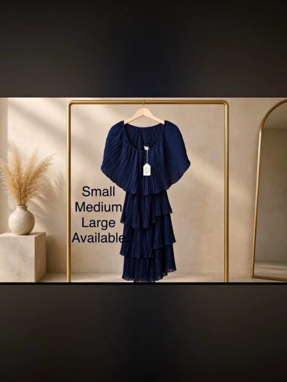 Women’s Blue Solid Round Neck Short Sleeve Pleated Ruffle Midi Dress S/M/L